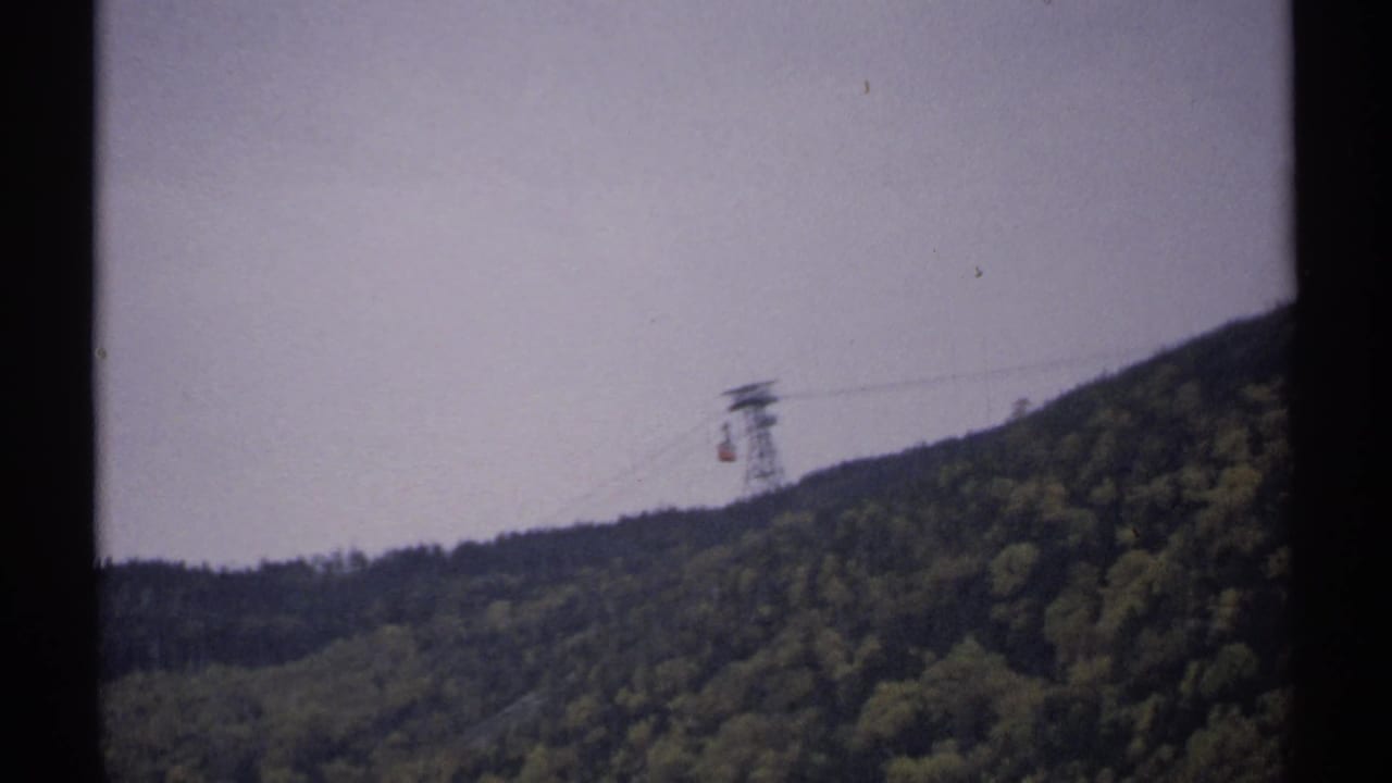 Distant tram car on a cable above a forested mountain slope under cloudy sky.