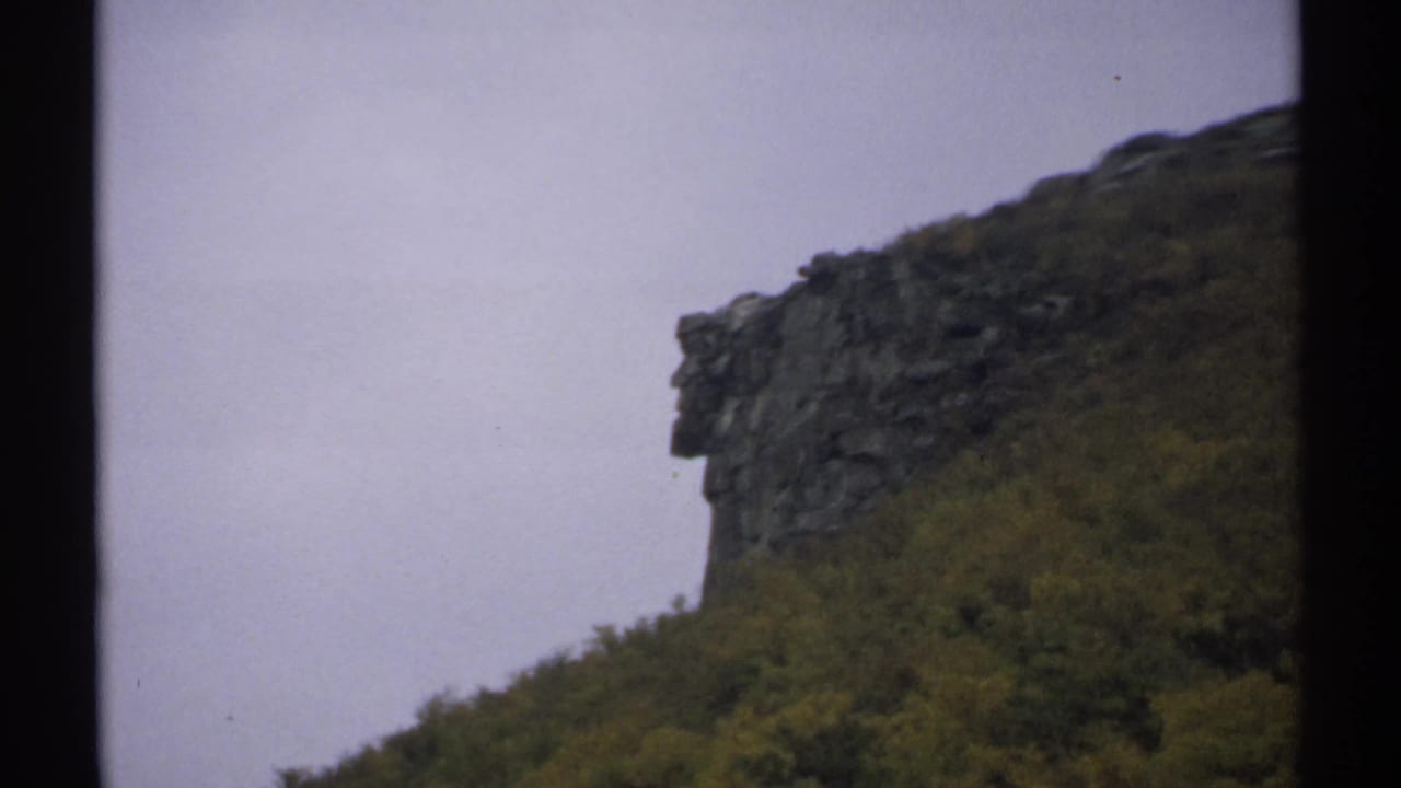Rocky cliff above a wooded hillside under a pale overcast sky.