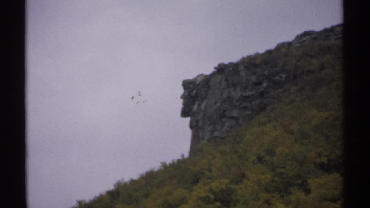 Distant rock face and forested slope with pale sky behind it.