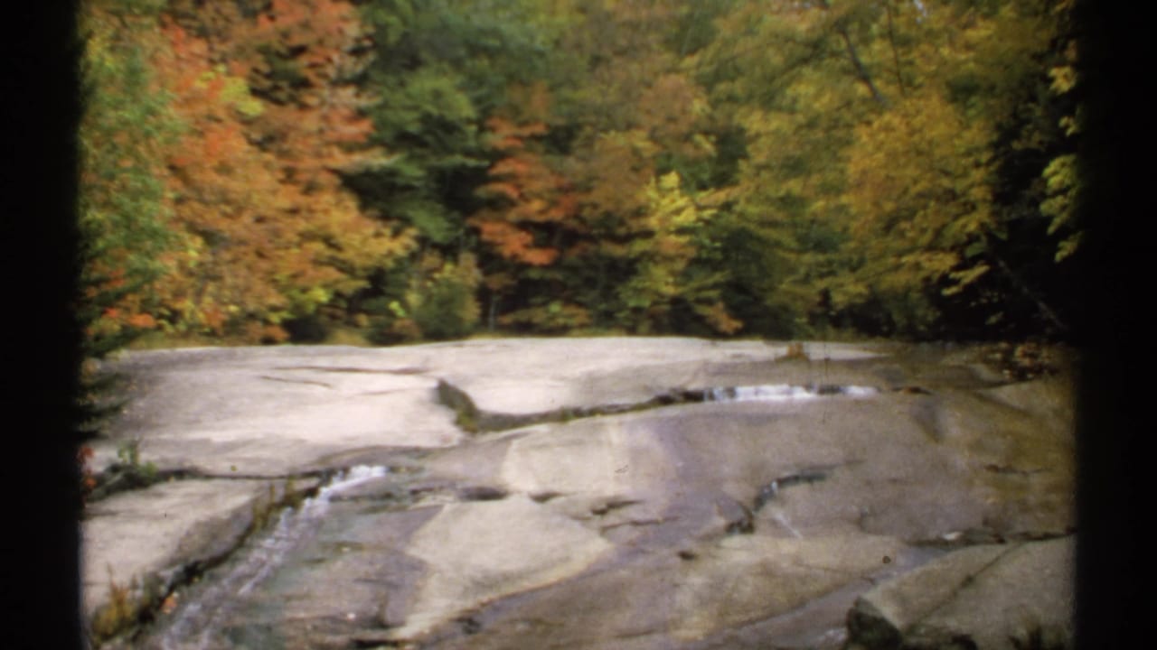 Rocky stream bed with shallow water and autumn trees behind it.