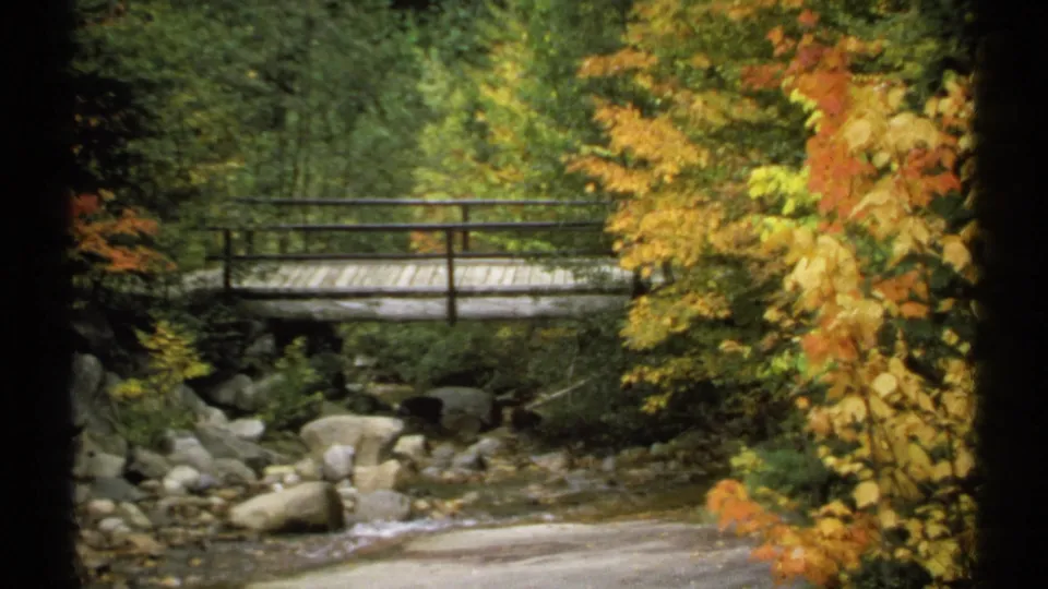 1971 New Hampshire 8mm frame of a rustic bridge crossing a rocky stream, with bright yellow and orange foliage along the bank.