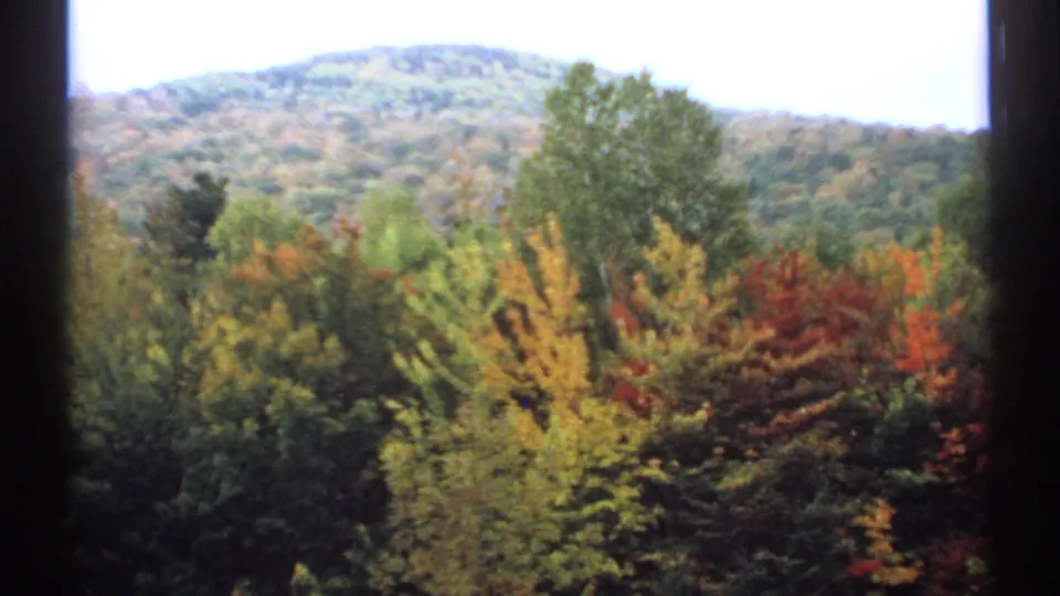 1971 8mm home-movie frame showing New Hampshire fall foliage below a distant wooded hill, with dark edge framing and muted exposure.