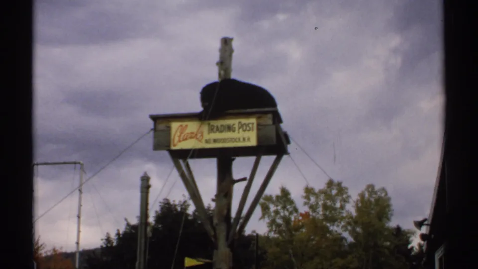 Wide 8mm frame of the bear on the Clarks Trading Post sign, with New Hampshire trees and roadside utility poles visible.