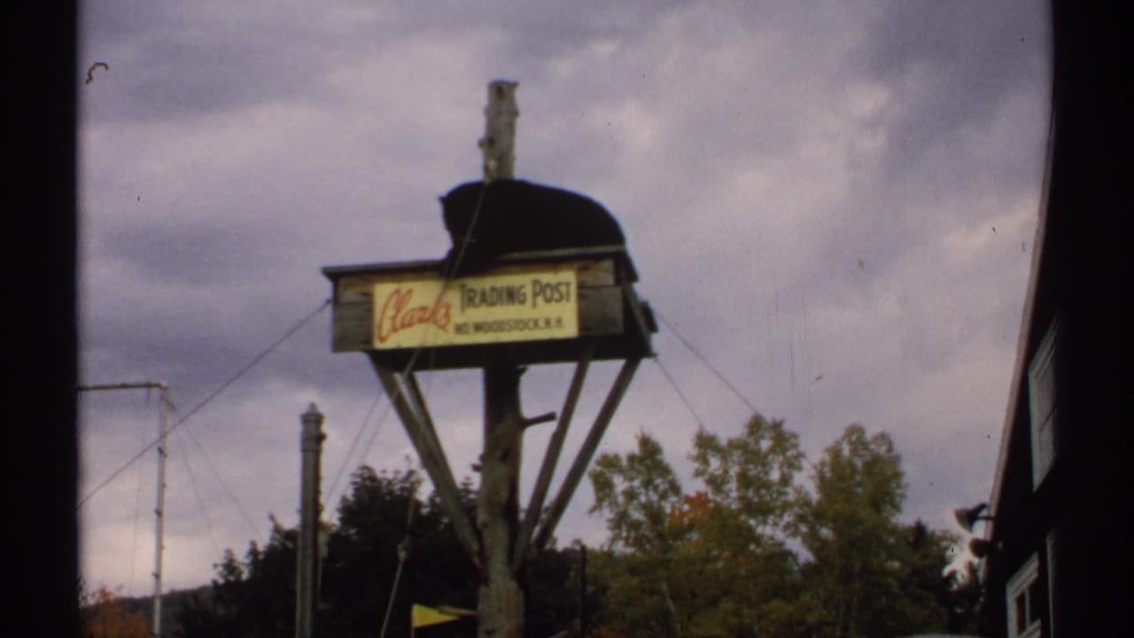 Bear lying on a raised wooden platform beside a Clark's Trading Post sign under cloudy sky.