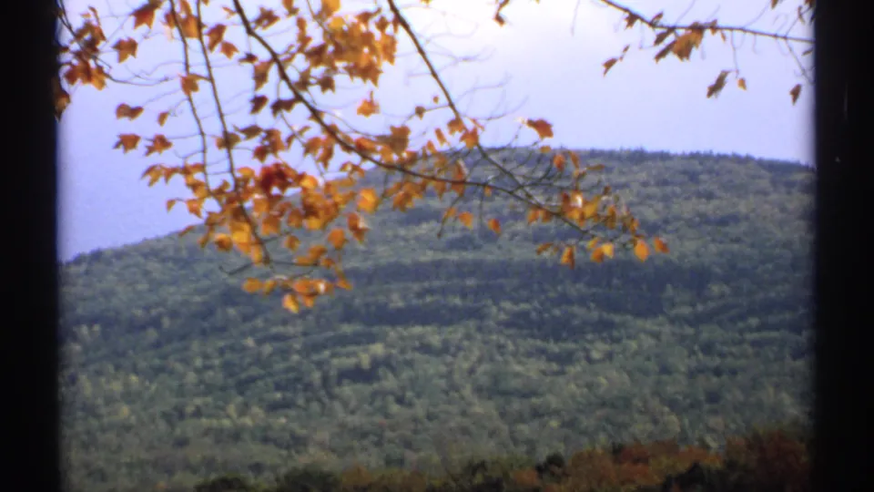 1971 New Hampshire 8mm frame with orange leaves across the foreground and layered green hills in the distance.