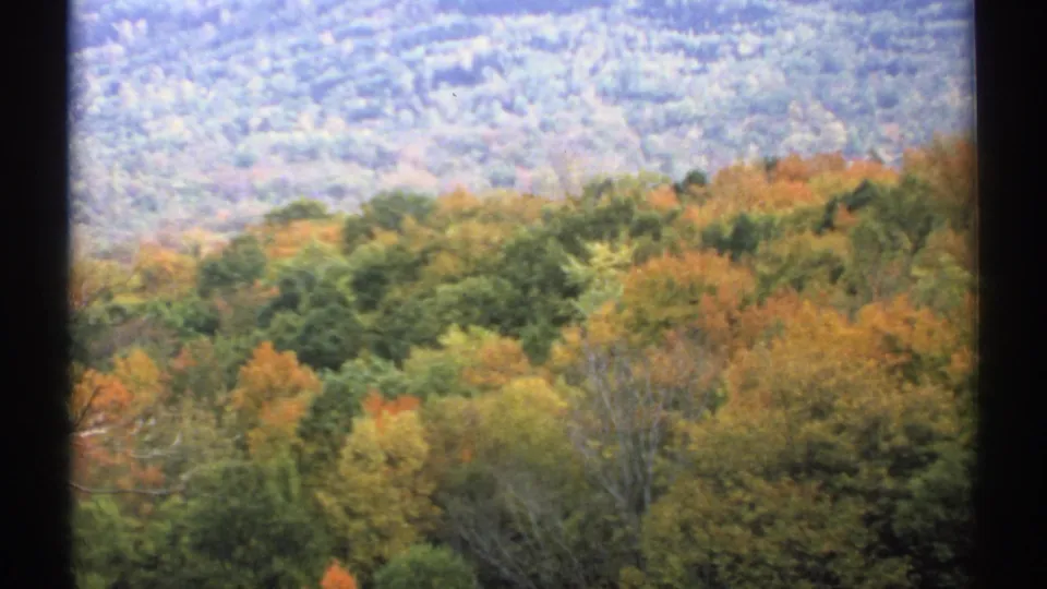 1971 New Hampshire 8mm frame looking over fall-colored trees toward a pale, forested mountain slope.