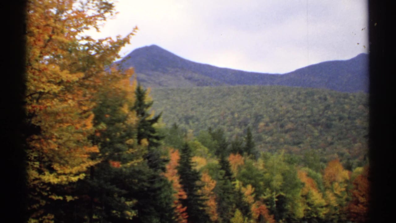 Autumn trees and distant mountain ridges viewed through dark vertical frame edges.