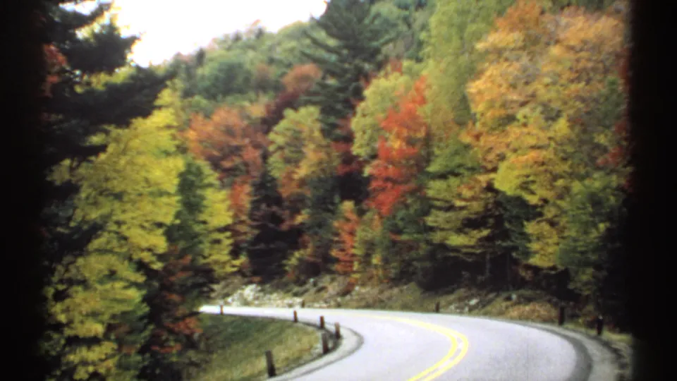 Vehicle-perspective 8mm frame of a New Hampshire road curving past dense red, yellow, and green fall foliage.