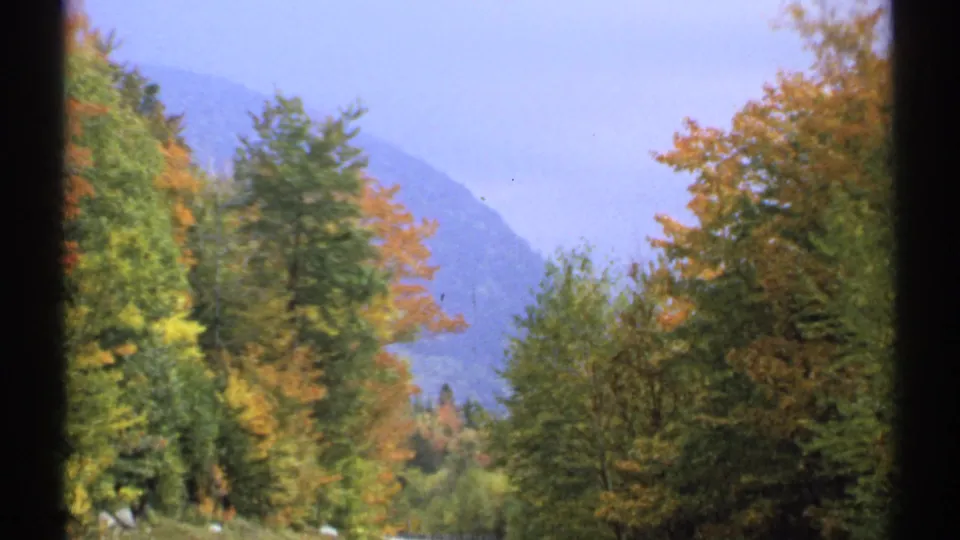 New Hampshire fall landscape with roadside trees in the foreground and a hazy mountain visible through the valley.