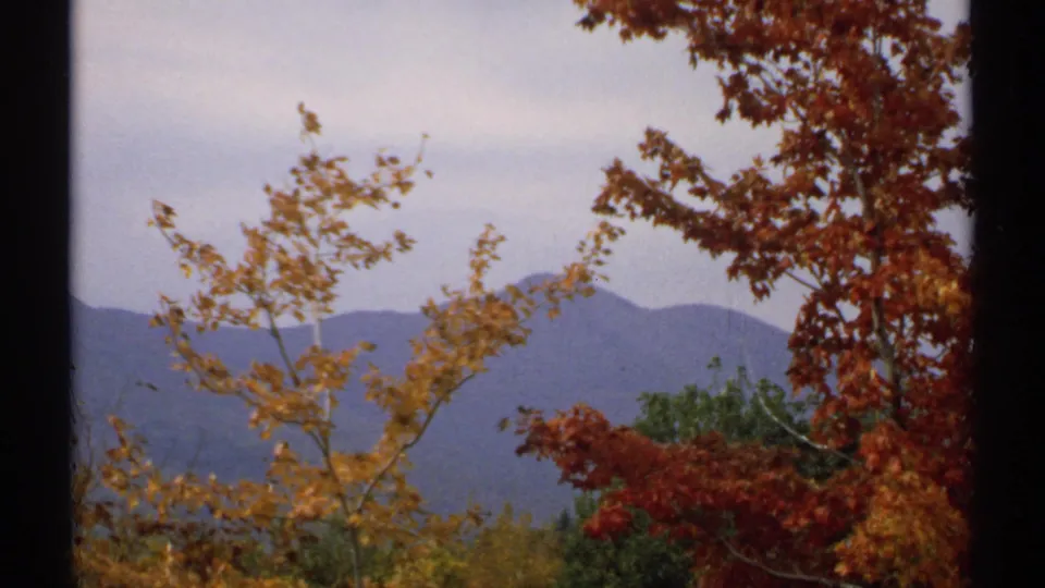 New Hampshire autumn foliage appears in soft 8mm color, with yellow branches and red leaves against distant mountain ridges.