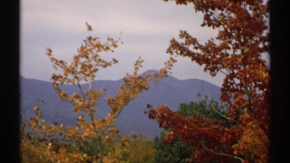Handheld 8mm view of colorful New Hampshire fall branches, with blue-gray mountains softened in the distance.