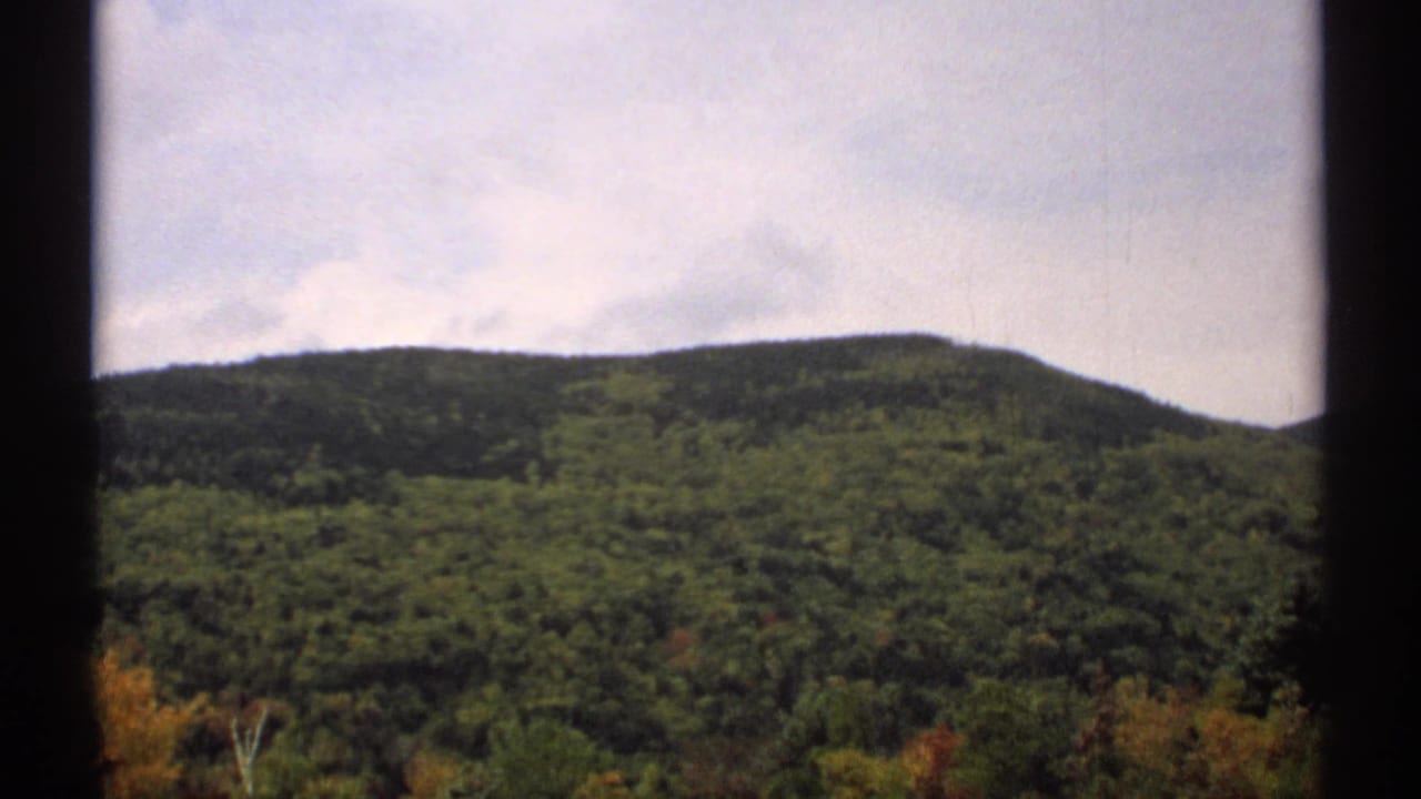 Wooded mountain ridge and treetops seen through dark film-frame borders.