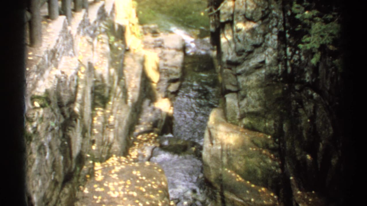 Narrow rocky gorge with a stream below and a wooden railing along the left edge.