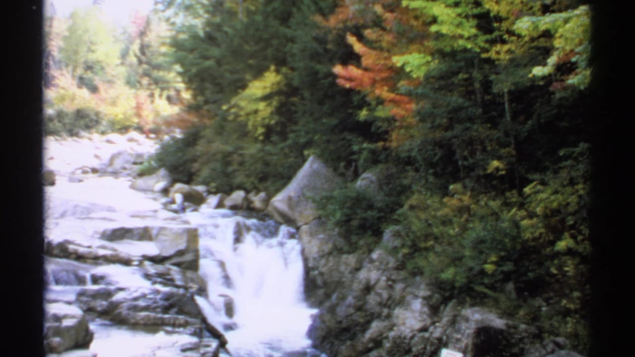 Waterfall cascading through rocky forest gorge with autumn foliage.