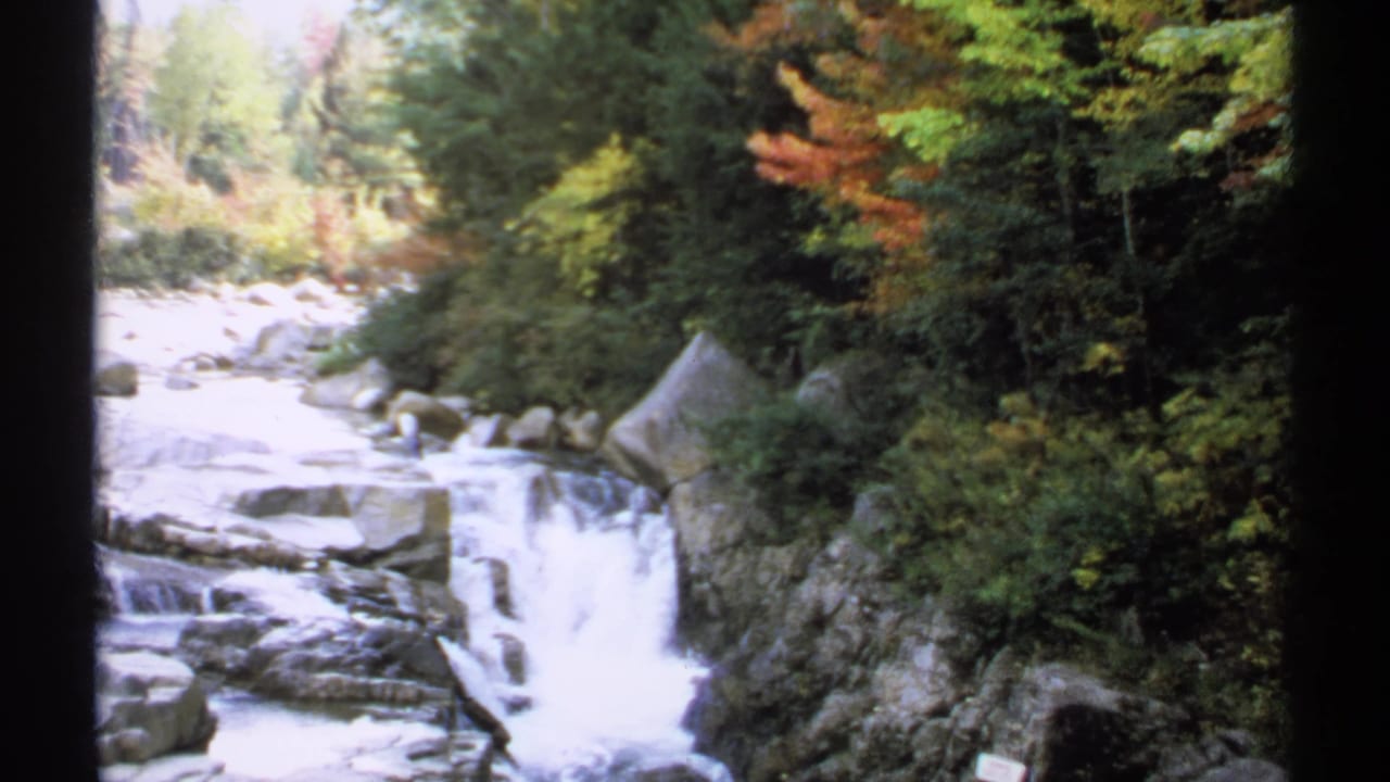 Rocky waterfall and stream bordered by dense green and autumn trees.