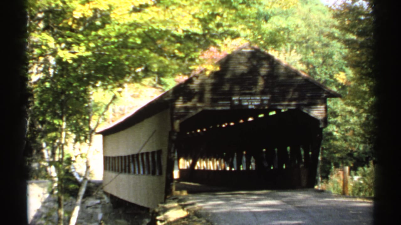 Covered bridge entrance and side wall seen from the road in wooded surroundings.