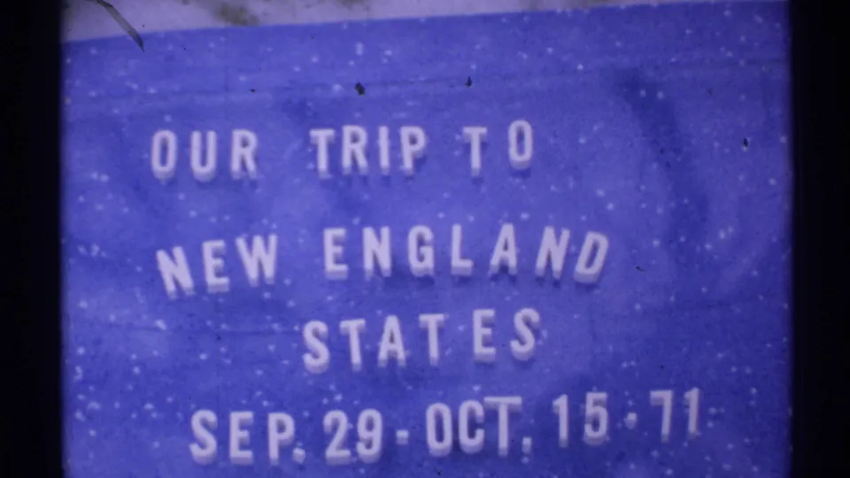 Final visible frame of the 1971 8mm title card for a New England states trip, with white text and aged film texture.