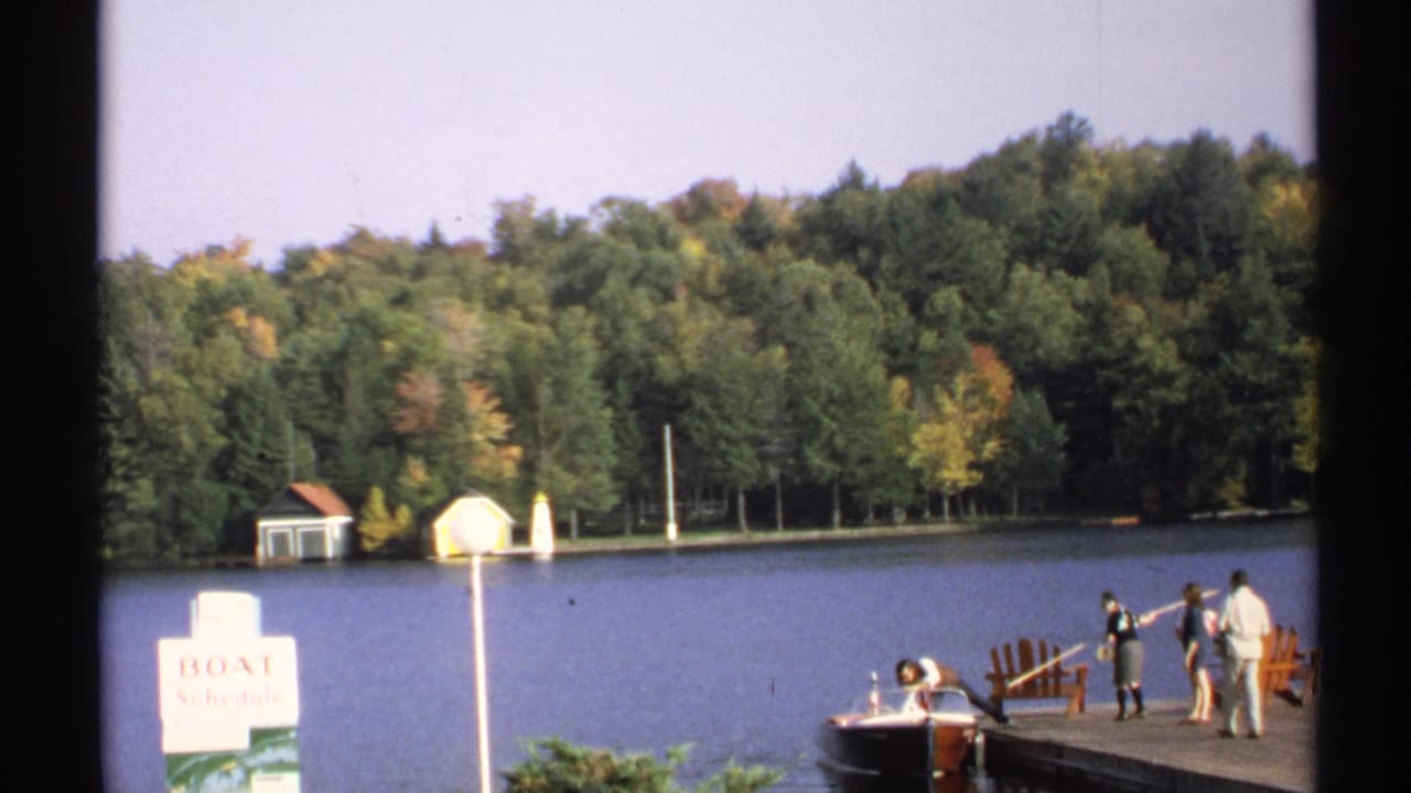 A group remains on the dock near a small motorboat while trees and lake fill the background.