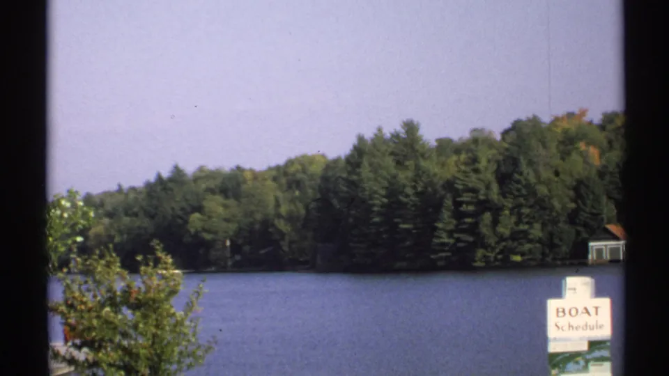 1971 New York lakeside home-movie frame showing calm water, dense trees, foreground foliage, and a partial BOAT Schedule sign.