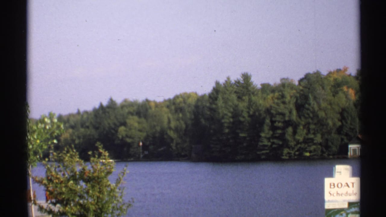 1971 New York lakeside view with evergreen trees, a boat schedule sign near shore, and small docks across the water.