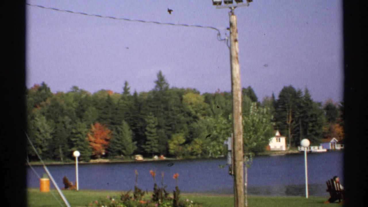 1971 New York 8mm frame showing a lakeside view with autumn trees, utility wires, lawn lamps, and a small white building across the water.