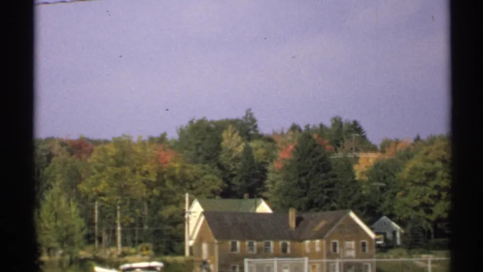 1971 New York home-movie frame of low town homes or residences bordered by trees, utility lines, and early autumn color.
