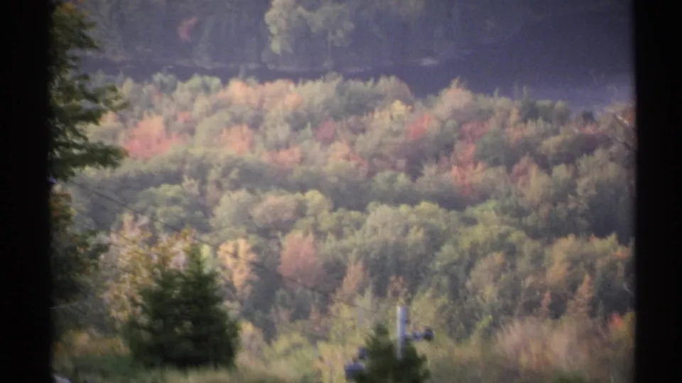1971 New York home-movie frame of a wooded hillside in fall color, with cable car or lift machinery faintly visible near the lower edge.