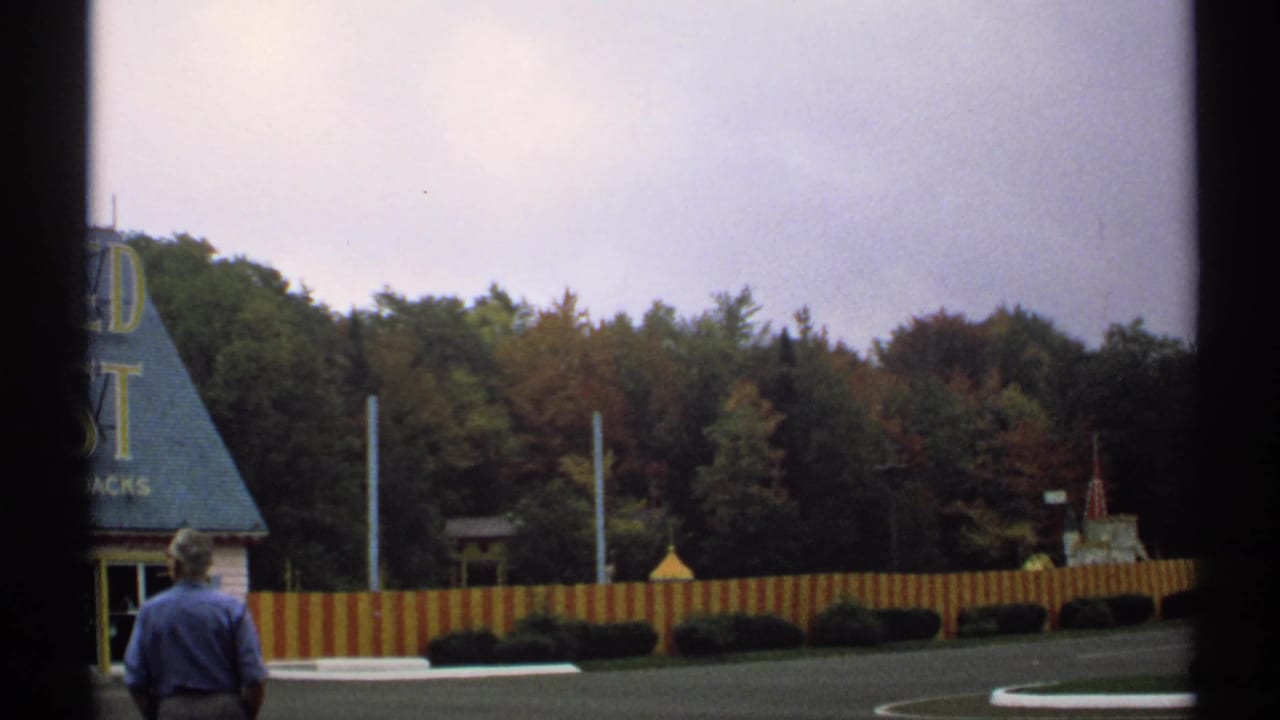 Man seen from behind near a blue-roofed stand, striped fence, and trees.