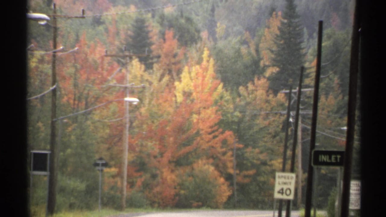 1971 New York 8mm frame of a rural roadside bordered by bright fall trees, utility poles, lamps, and visible road signs.