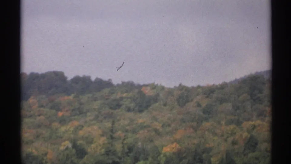 1971 New York 8mm frame of rolling forest with muted autumn color and a hazy sky, seen from a handheld home movie camera.
