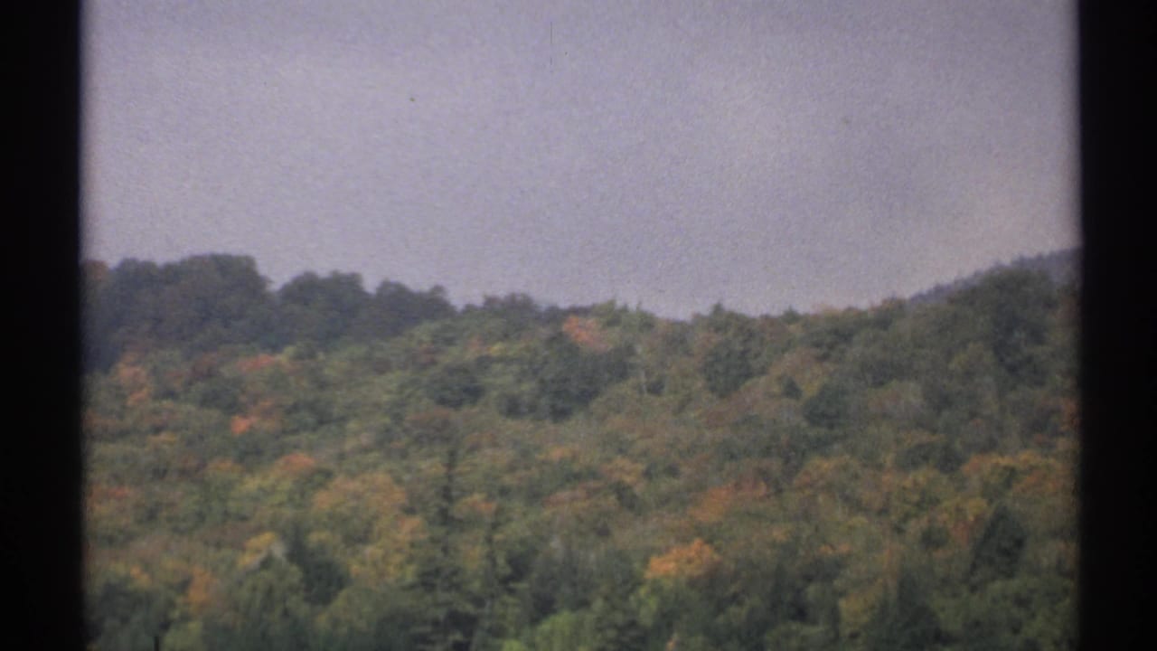 1971 New York 8mm frame showing a distant wooded hillside with green, yellow, and brown fall foliage under a pale sky.
