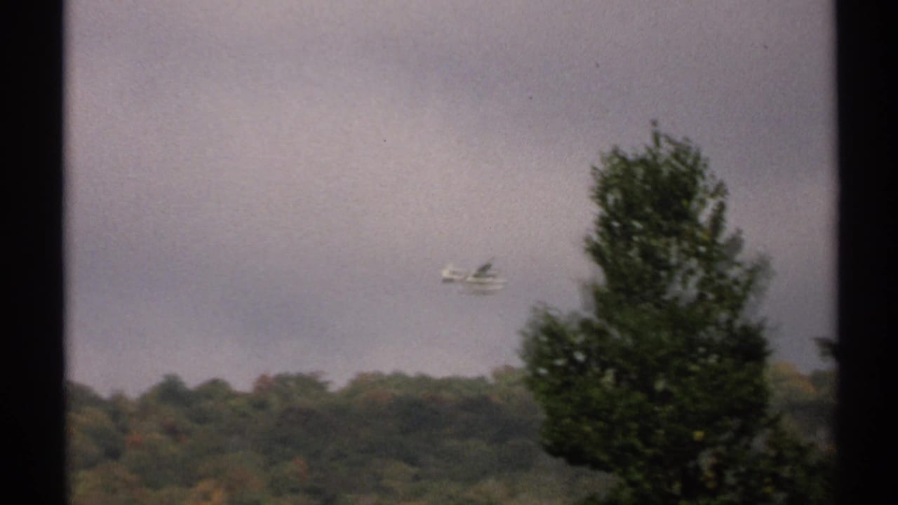 Small plane flying above a wooded landscape under a cloudy sky.