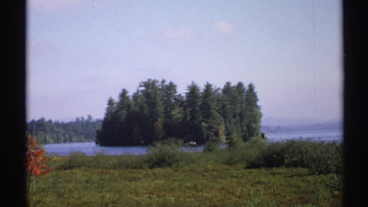 1971 New York 8mm frame showing a tree-covered island across calm lake water, with grassy shoreline in front.