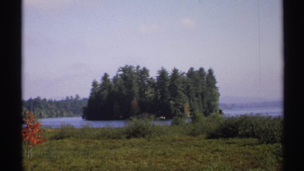 1971 New York home-movie frame showing a lake and dense tree-covered island beyond a grassy foreground.