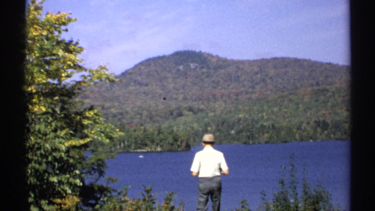 1971 New York home-movie frame showing a man from behind at a leafy lakeside overlook with a wooded mountain across the water.