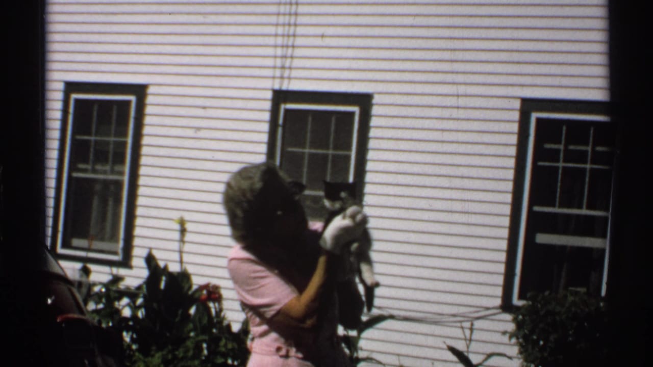 1971 New York home-movie frame of a woman in a pink shirt and sunglasses holding a black-and-white cat beside a white paneled house.