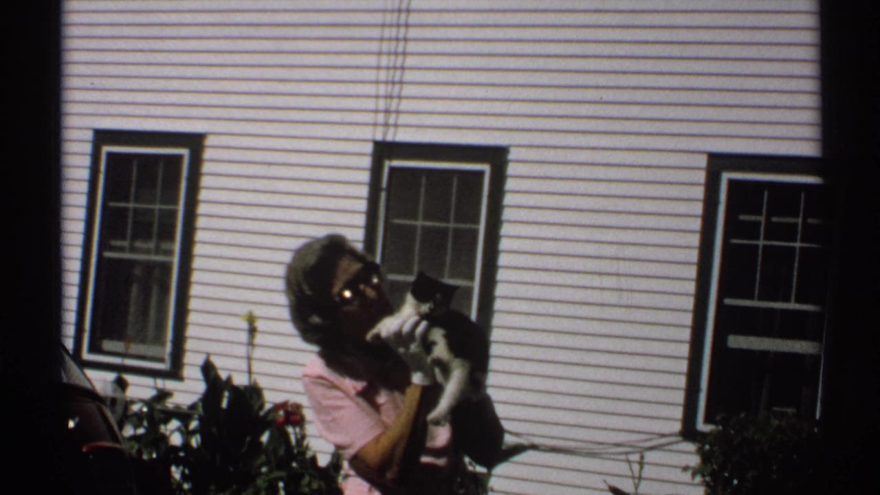 1971 New York 8mm frame of a woman in sunglasses holding a black-and-white cat in front of white siding and dark-trimmed windows.