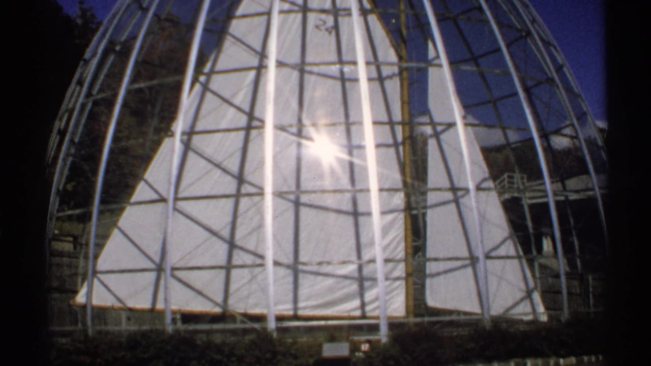 The 8mm frame holds on the dome facade, showing intersecting supports, white paneling, and a sharp sun reflection.