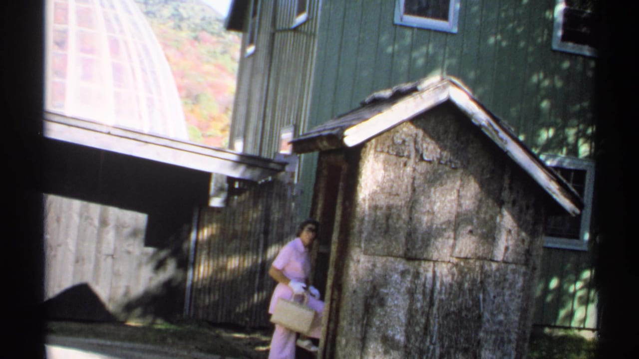In the 1971 home-movie frame, the woman stands partly obscured by the shed, holding her purse near the green building.