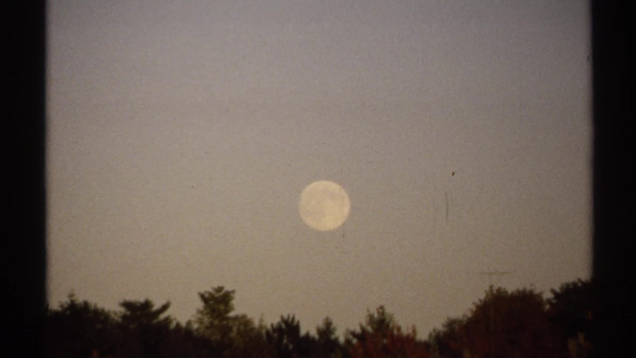 1971 New York 8mm frame showing the moon over treetops with visible grain and light film marks.