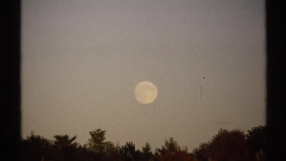 1971 New York 8mm frame showing the moon over treetops with visible grain and light film marks.