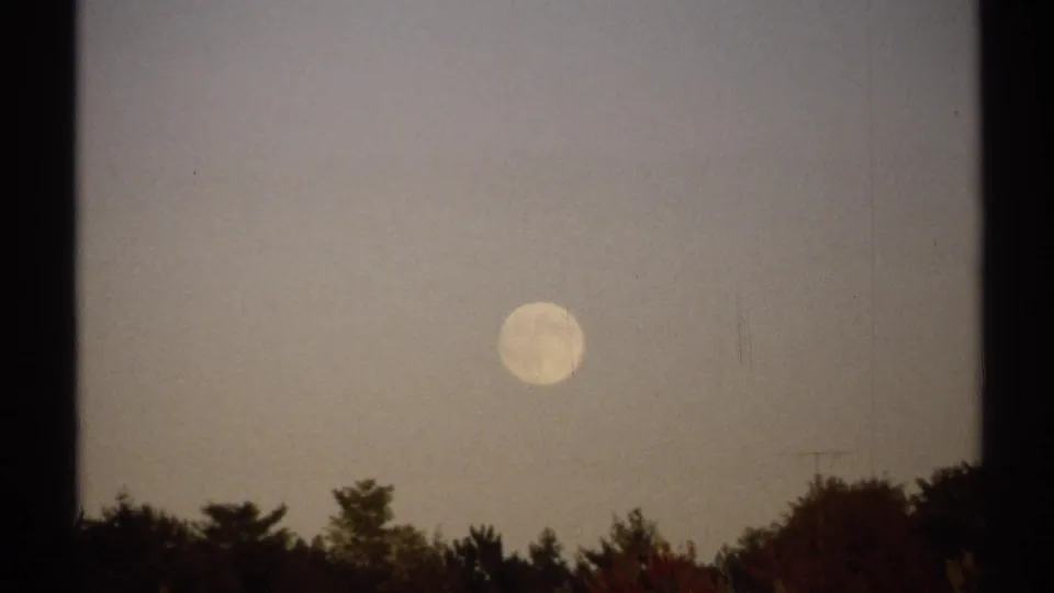 1971 New York 8mm frame with the moon centered over a dark treeline and muted autumn color below.