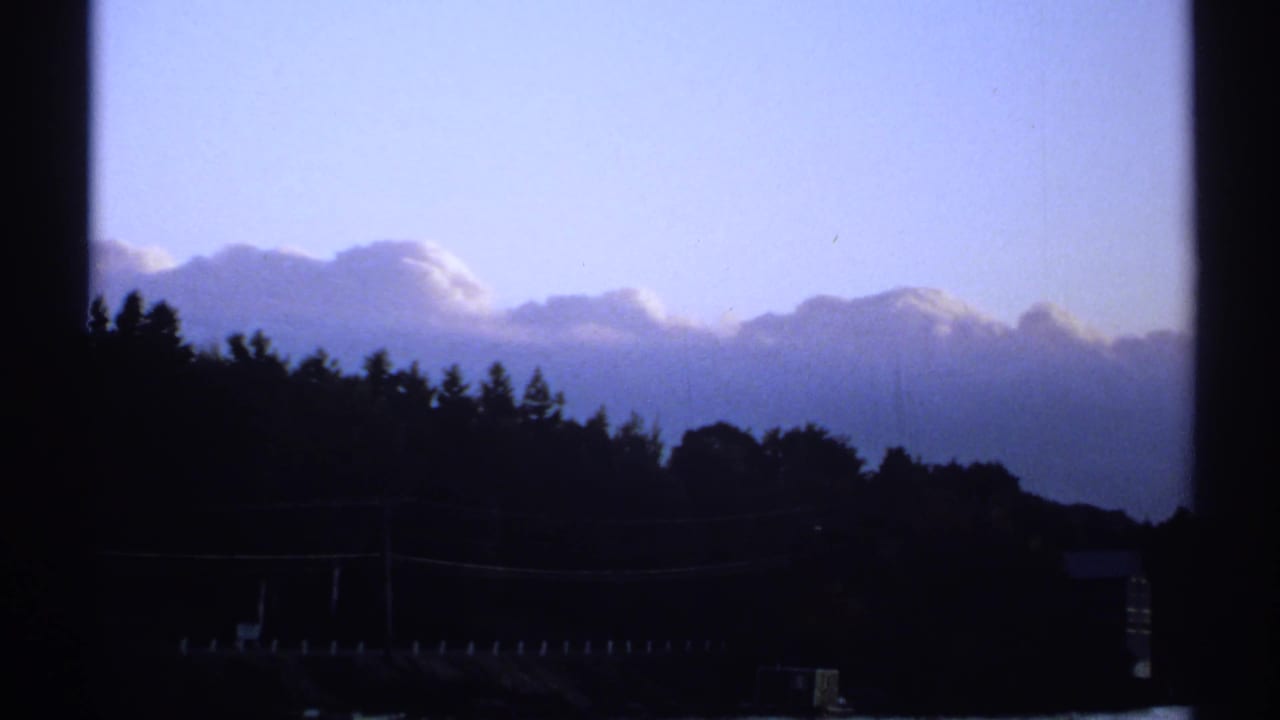 1971 New York 8mm frame with silhouetted trees, blue-purple clouds, window bars, and a faint shoreline structure near the water.