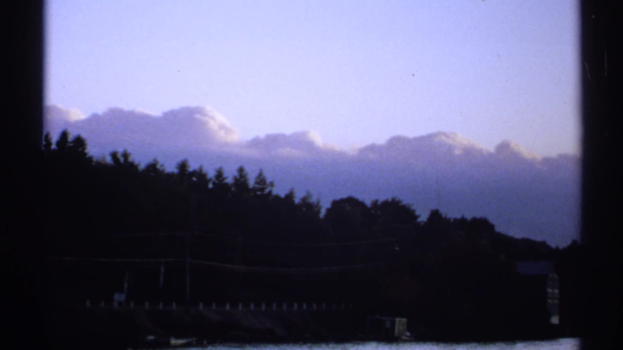 1971 New York home-movie frame of a wooded shoreline under clouds, with window framing and a dim waterside structure visible below.