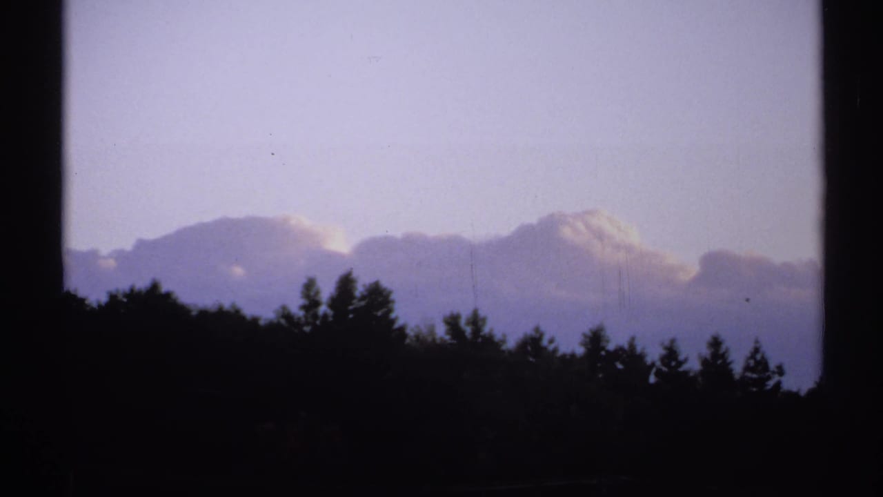 1971 New York 8mm frame showing a dark treeline and low clouds under a soft purple sky, with vertical film or window divisions.