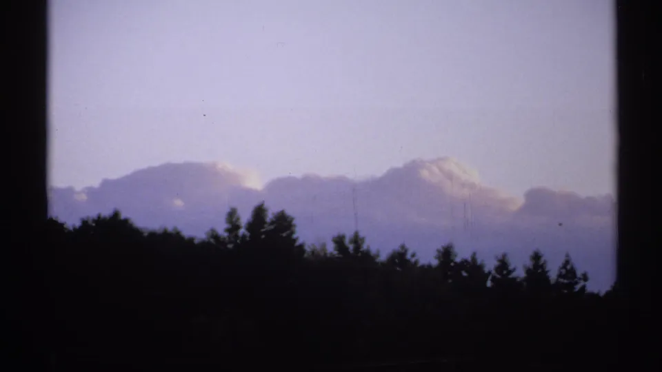 1971 New York 8mm frame showing a dark treeline and low clouds under a soft purple sky, with vertical film or window divisions.