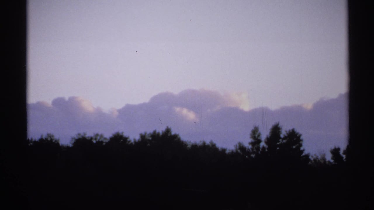 1971 New York 8mm view of dark treetops against rounded clouds and a hazy purple-pink sky, bordered by heavy frame shadows.