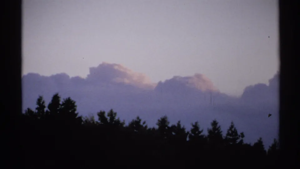1971 New York 8mm frame with dark trees in the foreground and purple-gray clouds stretching across the sky.