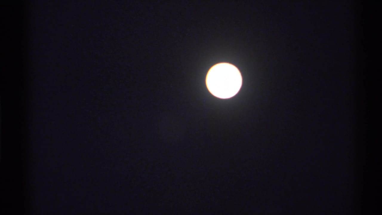 A bright full moon glows in the dark sky, with 8mm grain, mild flicker, and a small halo visible around the overexposed disc.