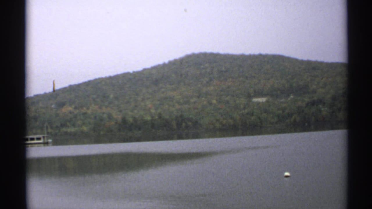 Wooded hillside and lake with a distant dock or low structure and a white buoy.